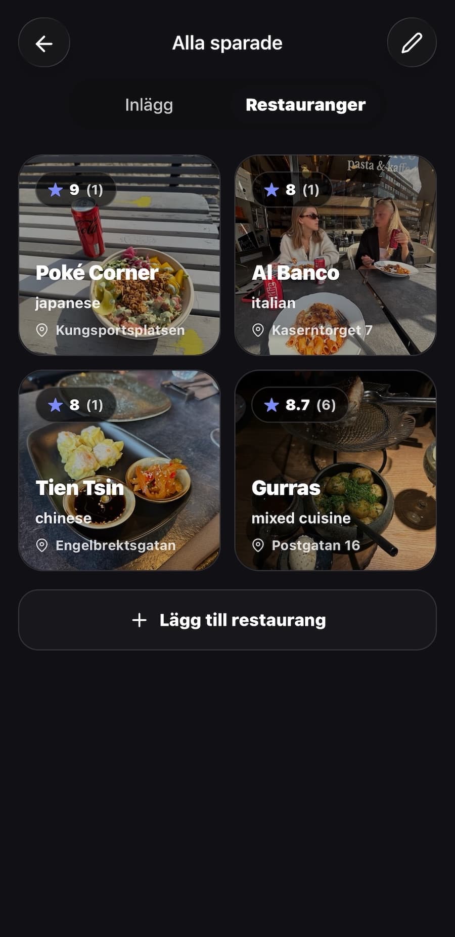 Spara restauranger tillsammans med vänner